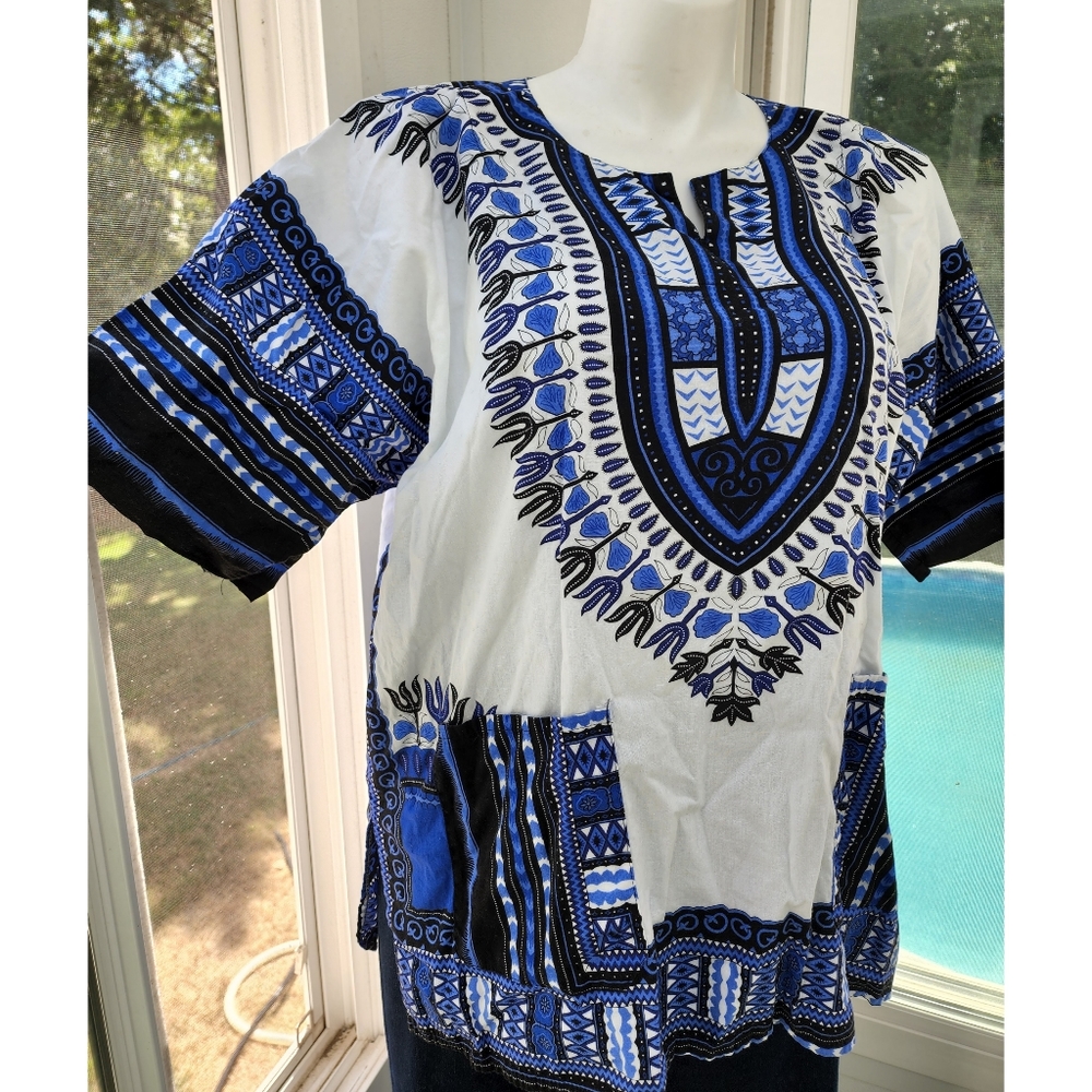 Blue & White Traditional Print Short Sleeve Cotton Dashiki Tunic Shirt Unisex - Picture 1 of 15